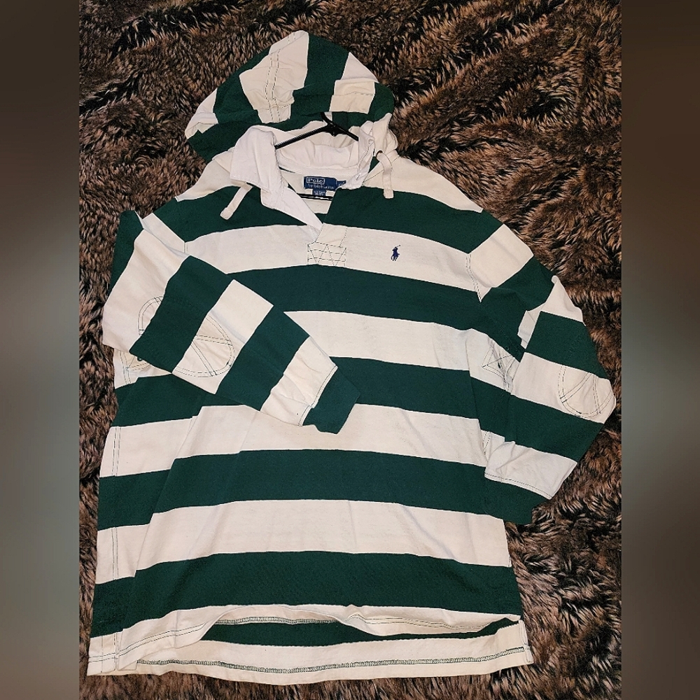 Vintage Polo by Ralph Lauren, long sleeve/hooded w collar. Green & white stripe
